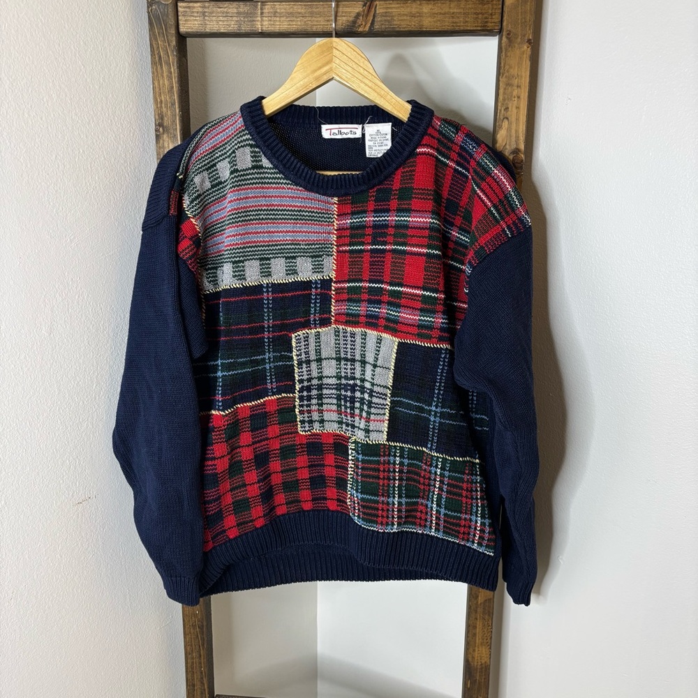 Talbots Men's Navy Patchwork Plaid Sweater Size M